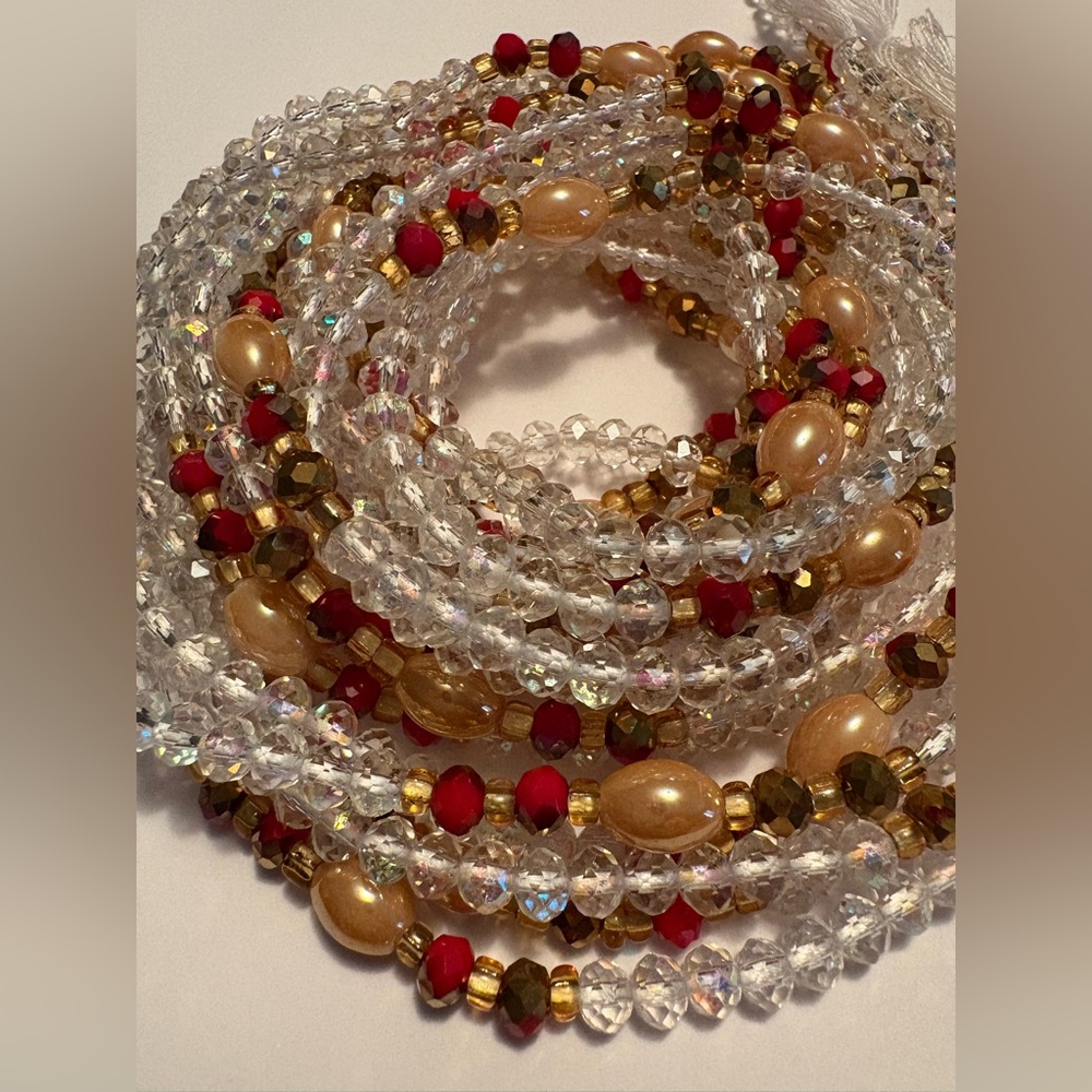 “RUBY” Advanced Elegant Iridescent Clear, Gold & Red Waistbeads 3rd Stage tie on - Picture 6 of 7